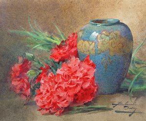 Still Life with Carnations beside a Blue Glazed Vase